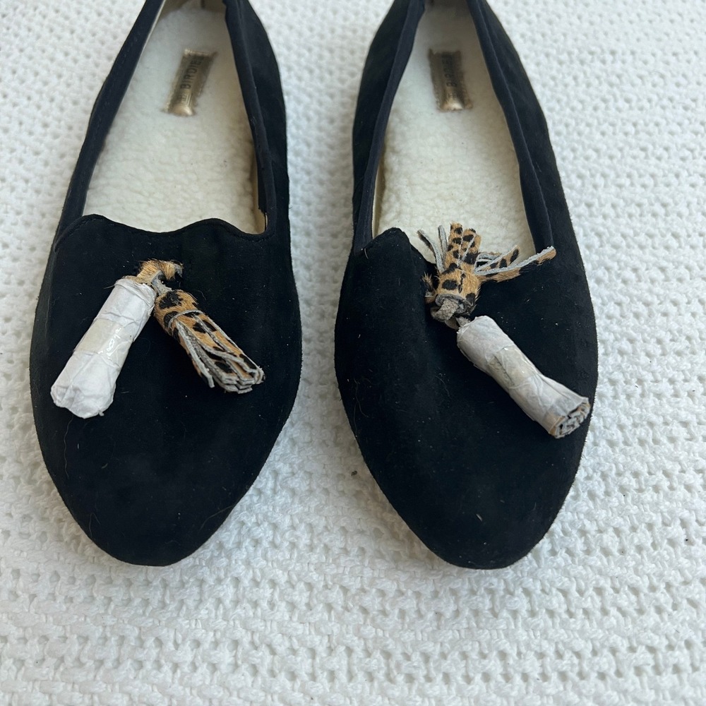 Birdies Starling Slippers Black Cozy Suede Faux Fur Leopard Tassel Old Money 6 - Picture 3 of 10
